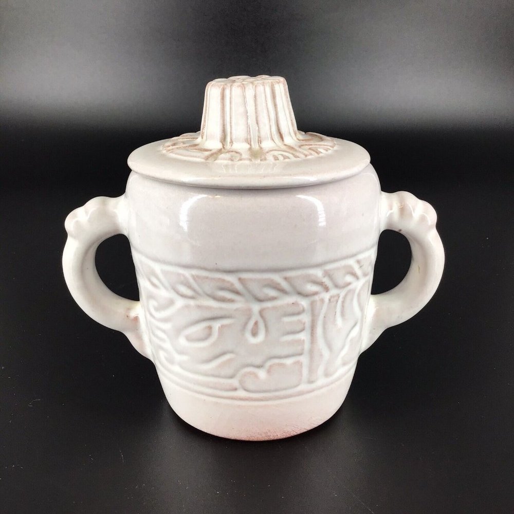Frankoma Embossed White Small Sugar Bowl Dish with Lid Textured Sides 4" Tall